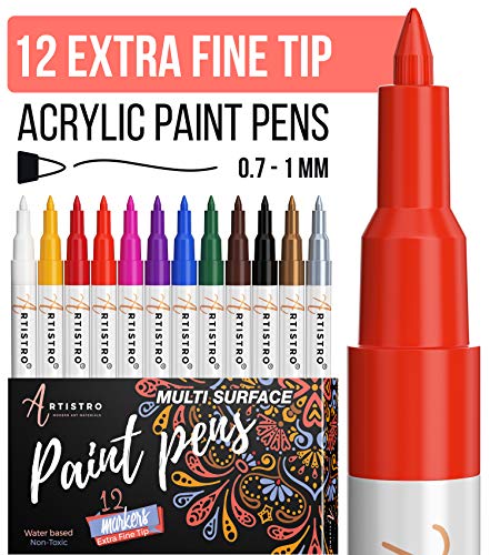 Artistro Paint pens for Rock Painting, Stone, Ceramic, Glass, Wood, Canvas. Set of 12 Acrylic Paint Markers Extra-fine tip