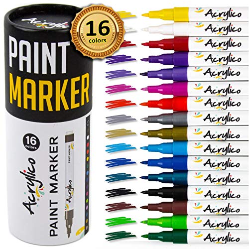 Acrylico Markers Set of 16 Colors Acrylic Paint Markers. Extra Fine Tip  Paint Pens for Rocks Canvas Ceramic Wood Glass Mugs