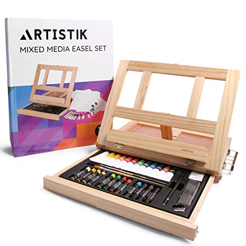 ARTISTIK Mixed Media Art Set - Complete Easel Painting Kit with Wood Table  Desk Top Easel Box Includes Acrylic Paints, 3 Canvas