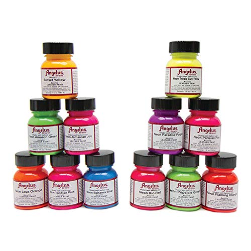 Angelus Leather Paint, Set of 12 Neon Colors, 1oz Jars