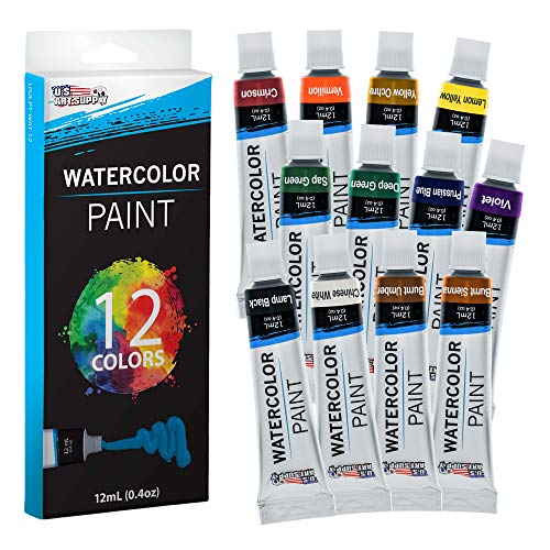 US Art Supply U.S. Art Supply 12ml Premium Vivid Watercolor Artist Aluminum Tube Paint Set (12-Colors)