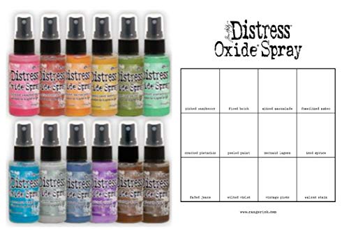 Tim Holtz Distress Oxide Spray - 12 Colors, in 2 oz Bottles, Bonus Distress Oxide Spray Color Chart - 13 Piece Bundle