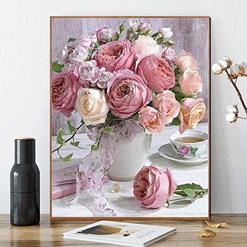 Kimily DIY Paint by Numbers for Adults Kids Pink Rose Paint by Numbers DIY Painting Roses Acrylic Paint by Numbers Painting