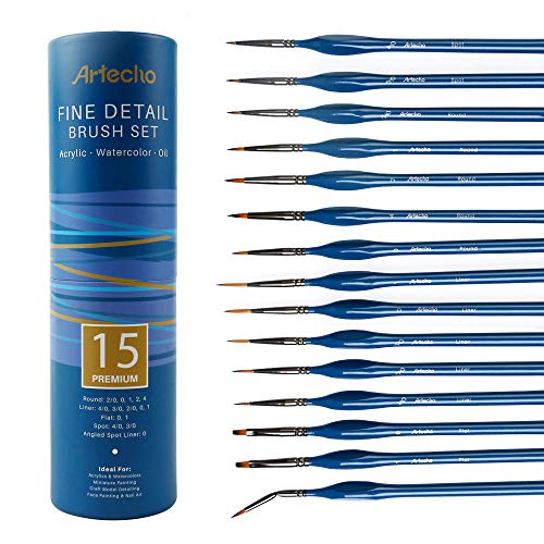 Artecho Detail Paint Brushes Set, Detail Art Brushes 15 Different Sizes for All Levels and Purpose Watercolor Oil Acrylic