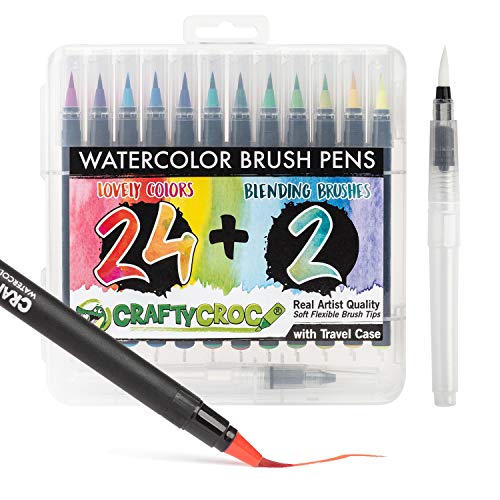 Crafty Croc Watercolor Paint Brush Pens - Set of 24 Vibrant Water