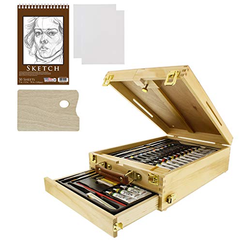 US Art Supply 62-Piece Wood Box Easel Painting Set- Box Easel, Acrylic &  Oil Paint Colors, Artist Pastels, Painting Brushes
