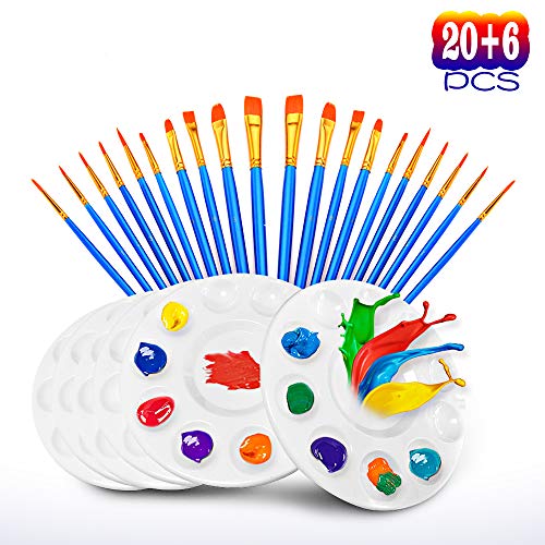 Hulameda 20 Pcs Paint Pallet Brushes with 6 Pcs Paint Trays for Kids and Adults to Painting or Have a Birthday Painting Party