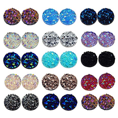 Julie Wang 300Pcs 12mm Resin Round Faux Druzy Cabochons Flat Back Cameo Beads Craft Jewelry Making DIY Beads Scrapbooking Mixed
