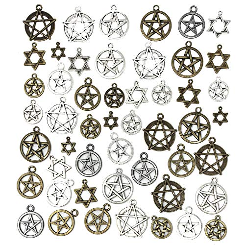 JIALEEY 48pcs Mixed Magic Pentacle Hexagram Star Protection Lucky Charms  Pendants DIY for Necklace Bracelet Jewelry Making