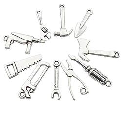 iloveDIYbeads 50pcs Antique Silver Tone 10 Kinds Mix 3D Tool Charm Collection Hammer Charm Wrench Charm Saw Charm Pliers Charm Tape Charm