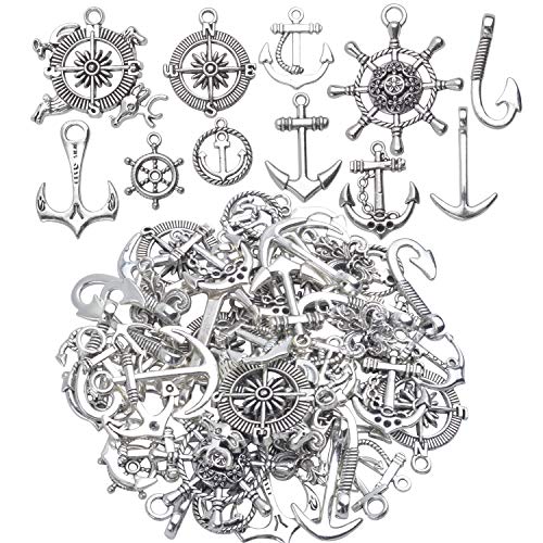 Aylifu Nautical Charms Collection,100g (About 50pcs) Metal Alloy Nautical Anchor Charms Rudder Helm Ship Wheel Pendants Beads Charms