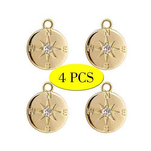ALEXCRAFT Wholesale 4PCS 14K Gold Plated Compass Pendant Dainty Round Disk Friendship Charms Supplies for Jewelry Making