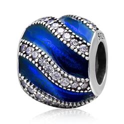 Amoony Charm Anniversary Charm 925 Sterling Silver Stripe Charm Wave Charm Love Charm Crystal Charm for Pandora Charms Bracelet (Blue)