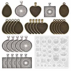 HOMEIDOL Resin Jewelry Molds Pendant Trays Making Kit with 30Pcs 5 Styles Metal Pendant and 1 Pc Silicone Epoxy Jewelry Casting 