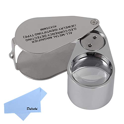 Delixike 40X Full Metal Illuminated Jewelry Loop Magnifier,Delixike Pocket Folding Magnifying Glass Jewelers Eye Loupe with LED and UV