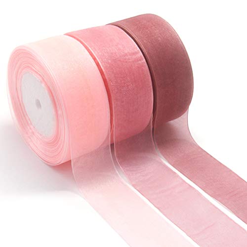 Nicrolandee NICROLANDEE 3pcs Sheer Chiffon Ribbon 1.5InchÃ—49 Yards Dusty  Rose Fading Ribbon Set for Wedding Gift Package Valentines