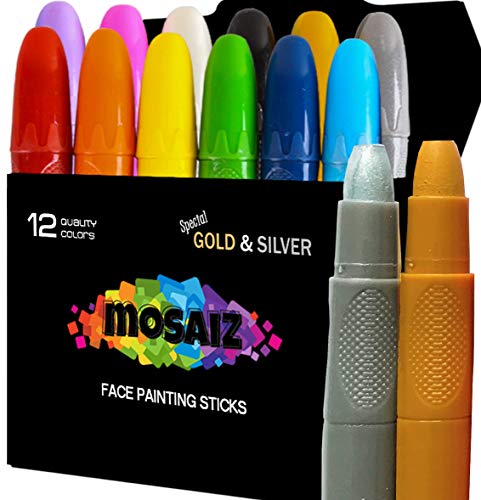 Mosaiz Face Paint Crayon 12 Colors with Gold and Silver Face Painting Sticks for Kids Washable Twistable Crayons Kit for Kids Face