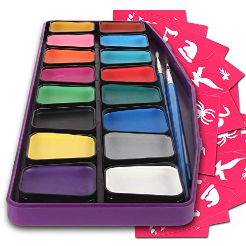 Colorful Art Co. Face Paint Set for Kids - Professional Award-Winning Face Paint Kit for Sensitive Skin, 16 Large Pots, 30 Stencils, 3
