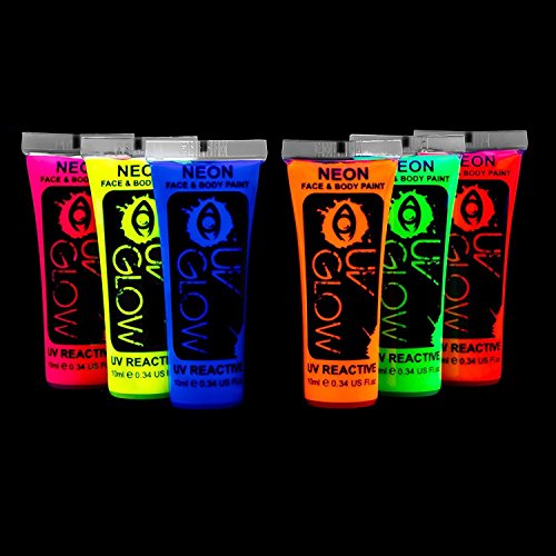 Glow In Dark Face Body Paint Uv Blacklight Neon Fluorescent 0.34oz Set Of 6  Tubes
