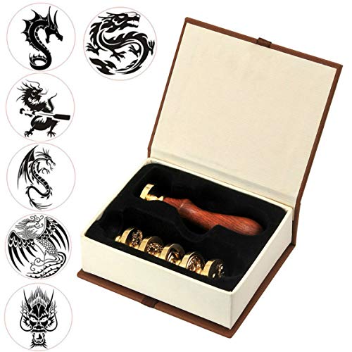 VIHOME Dragon Wax Seal Stamp Set, VIHOME 6 Pieces Sealing Wax Stamps Copper Seals + 1 Piece Wooden Hilt, Vintage Antique Chinese