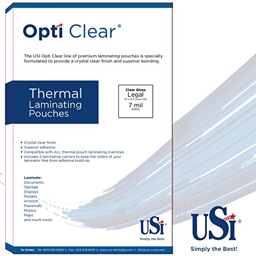 USI Opti Clear Premium Thermal Laminating Pouches, Legal Size, 7 Mil, 9 x 14.5 Inches, 100-Pack