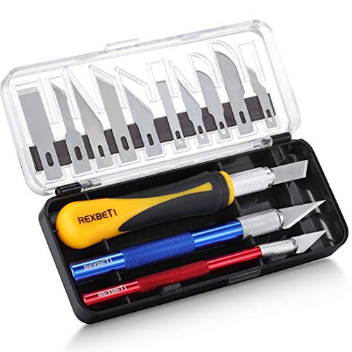 REXBETI 16 Piece Precision Hobby Craft Knife Set, with 10 Piece Refill SK5 Blades, Suitable for Art Modeling, Scrapbooking