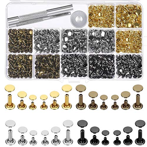 Selizo 480 Sets 4 Colors 3 Sizes Leather Rivets Double Cap Rivet Tubular Metal Studs with 3 Pieces Setting Tool Kit for