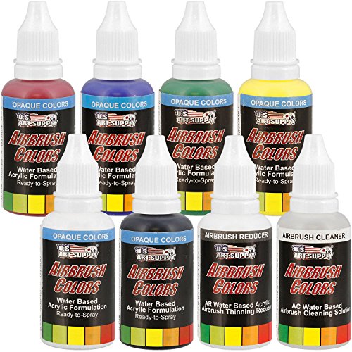 US Art Supply U.S. Art Supply 6 Color Starter Acrylic Airbrush, Leather & Shoe Paint Set Primary Opaque Colors Plus Reducer & Cleaner, 1