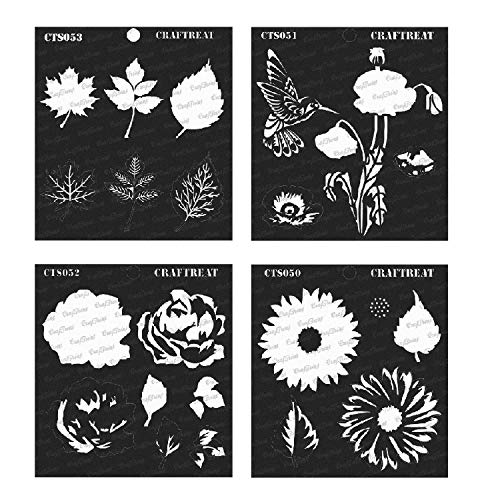 CrafTreat Layered Stencil - Rose, Poppy, Sunflower and Leaves (4 pcs) - Reusable Painting Template for Home Decor, Crafting,
