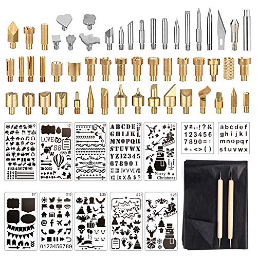 HOTOOLME Wood Burning Accessories Set, 53 Pcs Pyrography Pen Tips + 12  Stencils + 10 Transfer