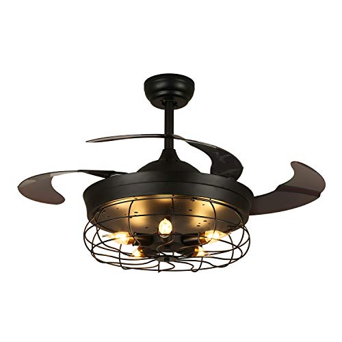 Siljoy 36 Inches Industrial Retractable Fan with Light and Remote Vintage Cage Chandelier Ceiling Fandelier for Bedroom