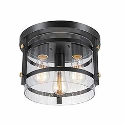 Globe Electric 60417 Wexford 3-Light Flush Mount Ceiling Light, Dark Bronze, Brass Detail, Clear Glass
