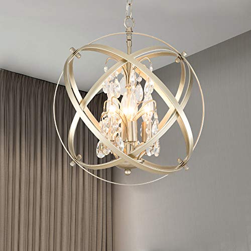 Maxax Modern Crystal Chandelier 4 Lights Industrial Metal Spherical Pendant Light with Champagne Gold Finishes Hanging Fixture for