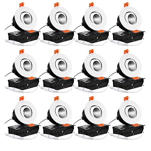 TORCHSTAR 12-Pack 3 Inch Gimbal LED Dimmable Recessed Light with J-Box, 7W (50W Eqv.) 500lm, Airtight, ETL/Energy