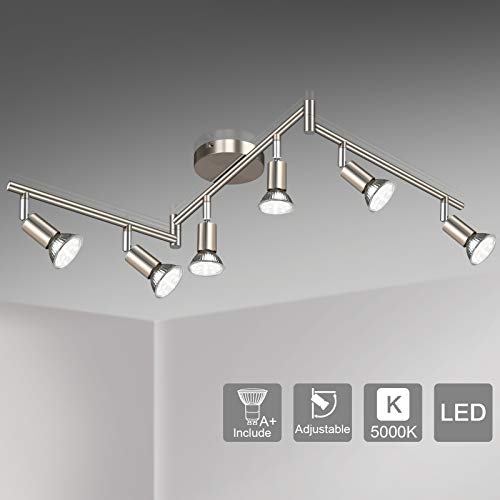 Unicozin LED 6 Light Track Lighting Kit, Matte Nickel 6 Way Ceiling Spot Lighting, Flexibly Rotatable Light Head, Modern