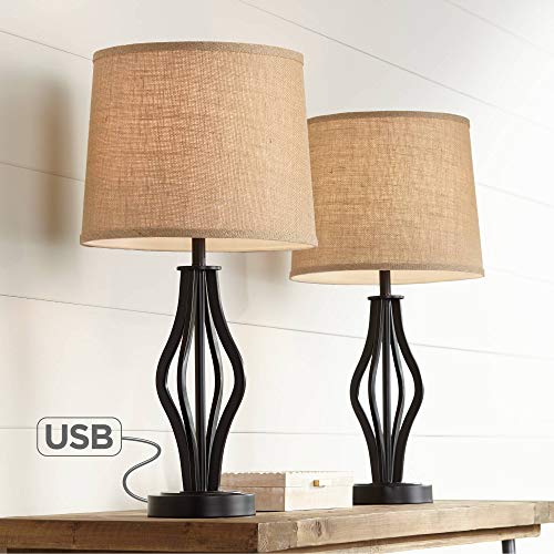 360 Lighting Heather Modern Table Lamps Set of 2 with Hotel Style USB Charging Port Iron Bronze Drum Shade for Living Room Family Bedroom