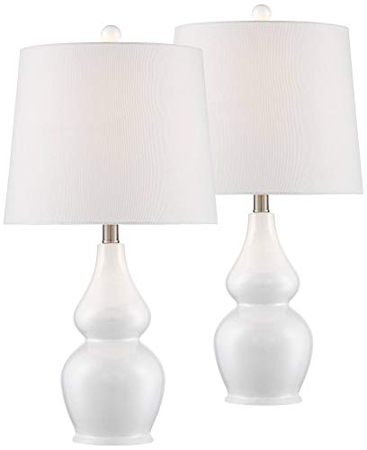360 Lighting Jane Modern Table Lamps Set of 2 Ceramic White Double Gourd Drum Shade for Living Room Family Bedroom Bedside Nightstand -