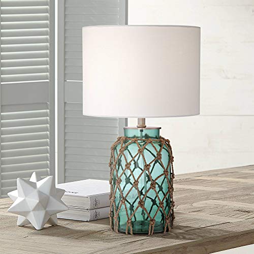 360 Lighting Crosby Nautical Accent Table Lamp Coastal Blue Green Glass Rope Net Off White Drum Shade for Living Room Family Bedroom - 360