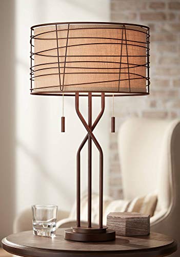 Franklin Iron Works Marlowe Modern Table Lamp Metal Woven Bronze Burlap Drum Shade for Living Room Family Bedroom Bedside Nightstand - Franklin