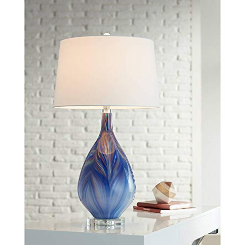 Possini Euro Design Taylor Modern Table Lamp Teardrop Blue Swirl Art Glass Tapered Drum Shade for Living Room Bedroom Bedside Nightstand Office