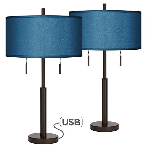 Possini Euro Design Robbie Modern Table Lamps Set of 2 with USB Charging Port Bronze Blue Faux Silk Drum Shade for Living Room Bedroom Bedside