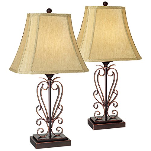 Franklin Iron Works Traditional Table Lamps Set of 2 Iron Bronze Scroll Faux Silk Rectangle Shade for Living Room Family Bedroom - Franklin Iron