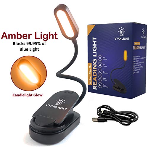 VYANLIGHT Book Light for Reading in Bed, Amber Clip On Reading Light, 99.95% Blue Light Blocking, Rechargeable, 1600K Warm LEDs with