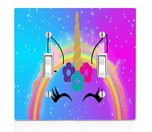Trendy Accessories Cute Rainbow Unicorn Flowers Face Pink Blue Yellow Purple Colors Double Light Switch Wall Plate Cover