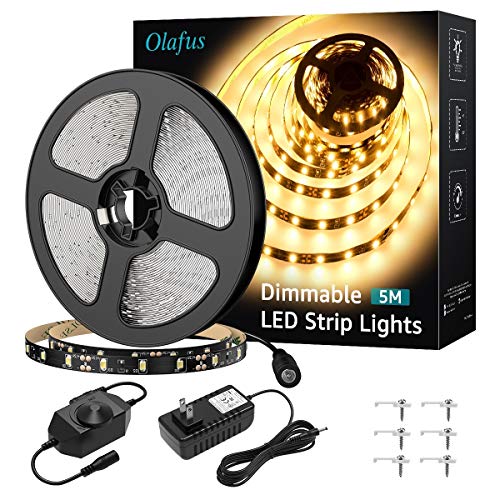 Olafus 16.4ft LED Strip Lights Warm White Dimmable, 12V Flexible Under Cabinet Lighting Strips Kit, 5m 300 LEDs 2835, 3000K