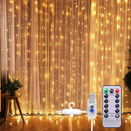 Sunnest ZGD6SQ9 SUNNEST Window Curtain String Light 300 LED 8 Lighting  Modes Fairy Lights Remote Control USB Powered Waterproof Lights for