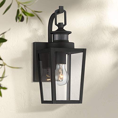 Possini Euro Design Ackerly Modern Outdoor Wall Light Fixture Textured Black 14" Clear Glass Motion Sensor for Exterior House Porch Patio Deck -