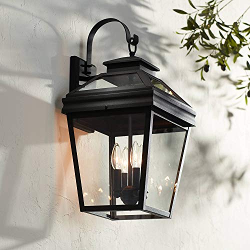 John Timberland Stratton Street Traditional Outdoor Wall Light Fixture Textured Black Lantern 22" Clear Glass for Exterior House Porch Patio
