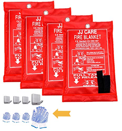 JJ Care Fire Blanket 4 Pack Fire Fighting Suppression Blankets Fiberglass cloth (40"x40") Flame Retardant fire safety blanket