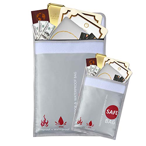 GEMEK Fireproof Document Bag 15"x11" & 9"x7" Set Non-Itchy Silicone Coated Fire Resistant Money Bag Fireproof & Zipper